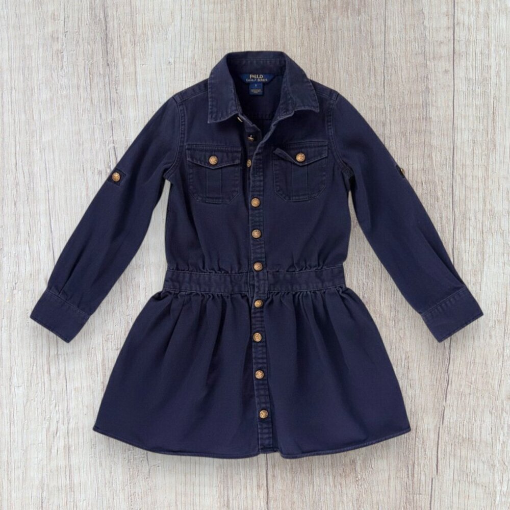 Polo Ralph Lauren Girls 7 Navy Shirt Dress Gold Crest Buttons Preppy Classic